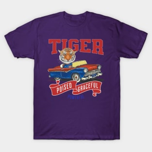 Humor Funny and Cute Tiger in a vintage car driving to a retro parade with red white and blue flags T-Shirt